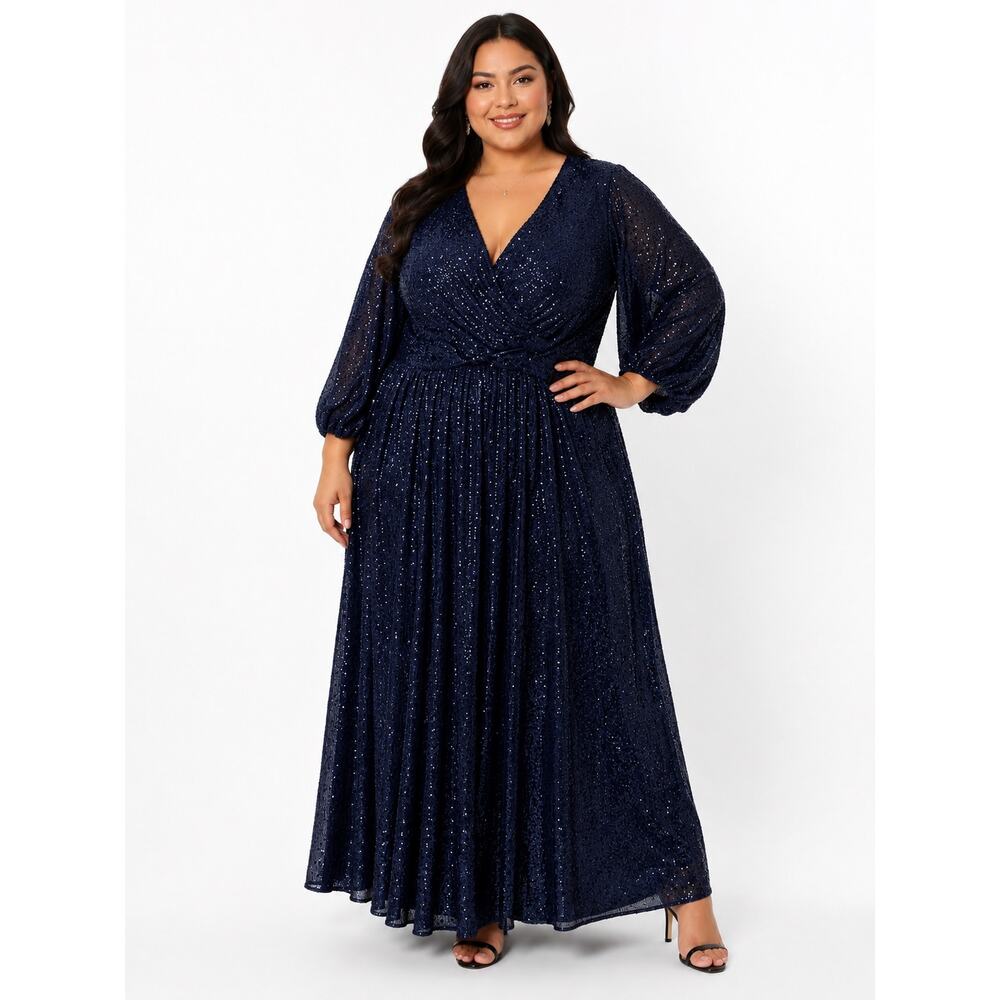 Curvy Navy Sequin Wrap-Front Wedding Dress